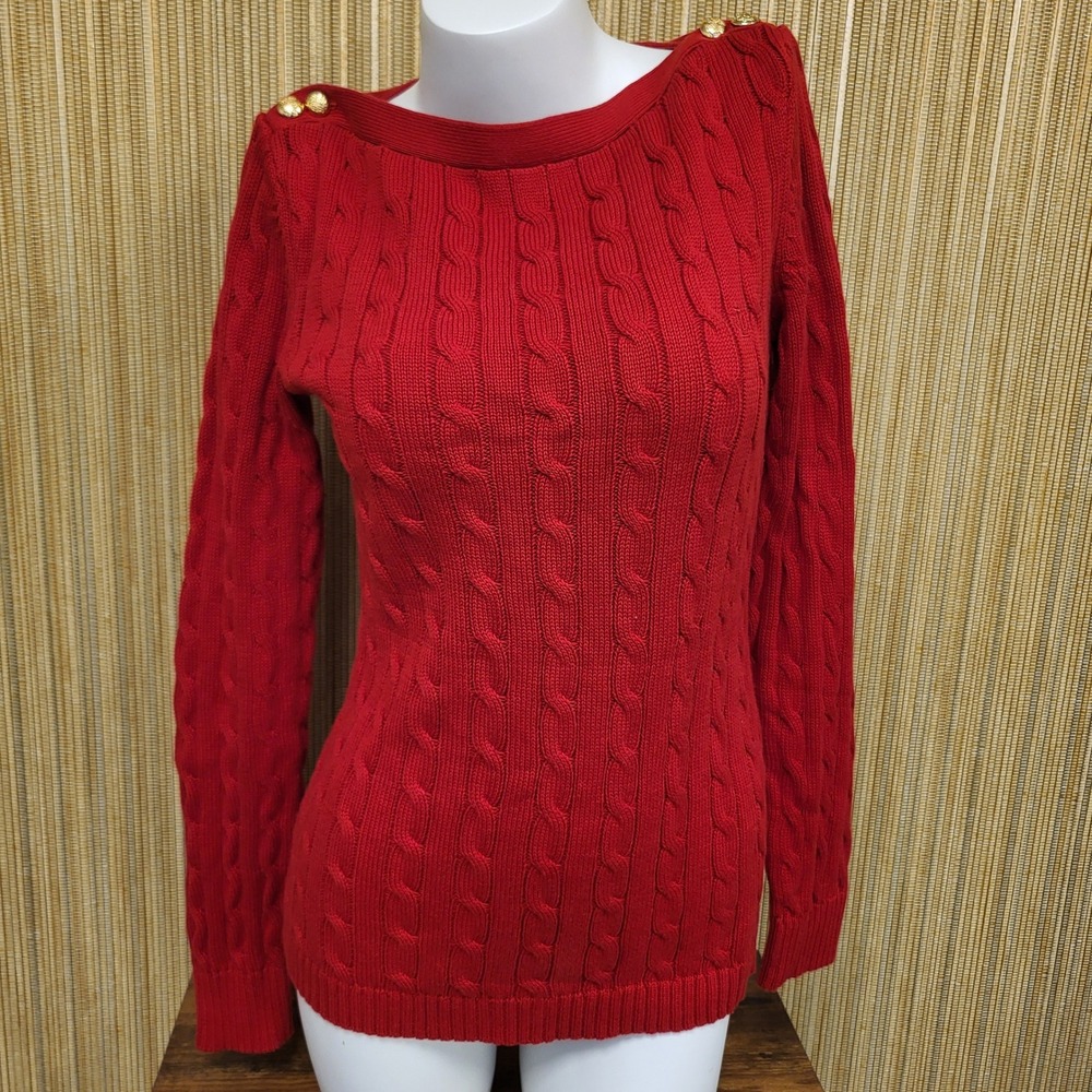 Lauren Ralph Lauren Cotton Cable Knit Sweater Red Jumper Boat Neck Women's Sz M